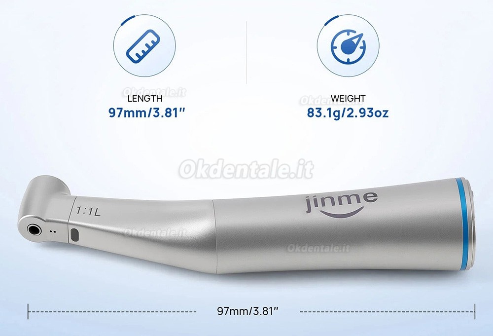 Manipolo contrangolo dentale Jinme W11L 1:1 con fibra ottica e canale interno